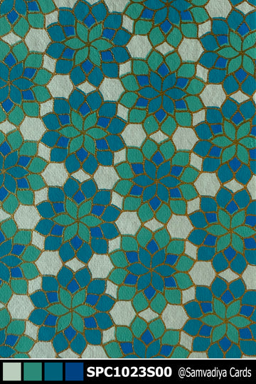 Green and Blue Floral Mosaic Pattern Screen Printed Paper