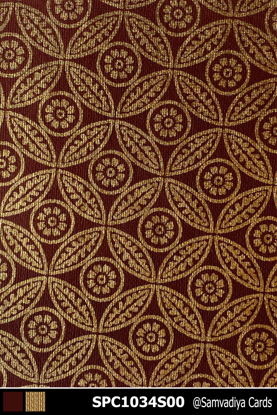 Burgundy Gold Leaf Pattern Screen Printed Paper