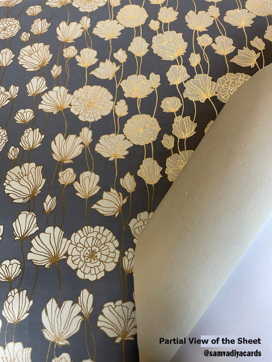 Gray and Cream Large Floral Screen Printed Paper