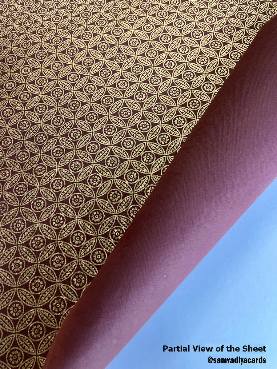 Burgundy Gold Leaf Pattern Screen Printed Paper