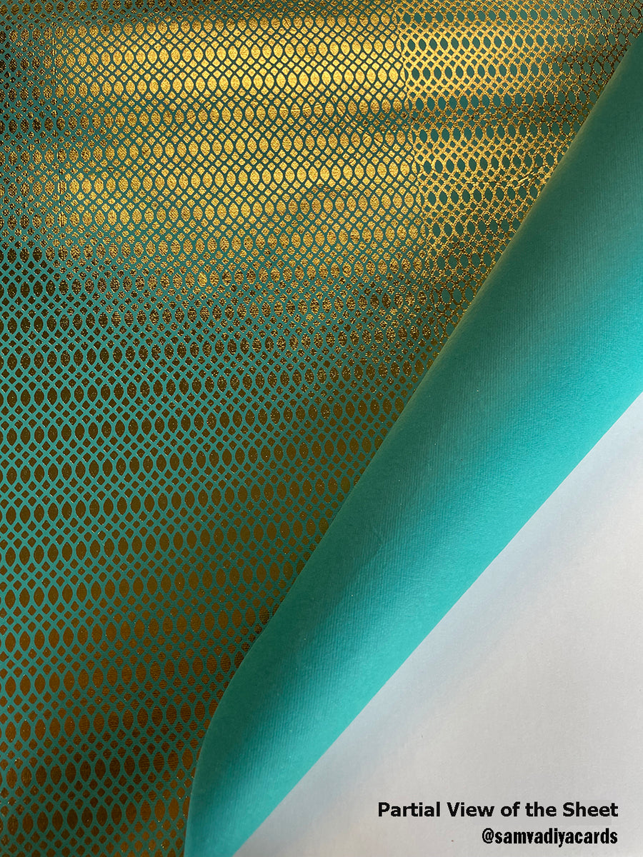 Blue and Gold Mesh Pattern Foil Printed on Cotton Printed Paper