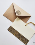 Unwritten 13- handcrafted stationery set, beige A7 natural envelopes, bookmark style notes with weave pattern band, gold tassels- Set of 6