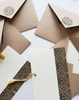 Unwritten 13- handcrafted stationery set, beige A7 natural envelopes, bookmark style notes with weave pattern band, gold tassels- Set of 6
