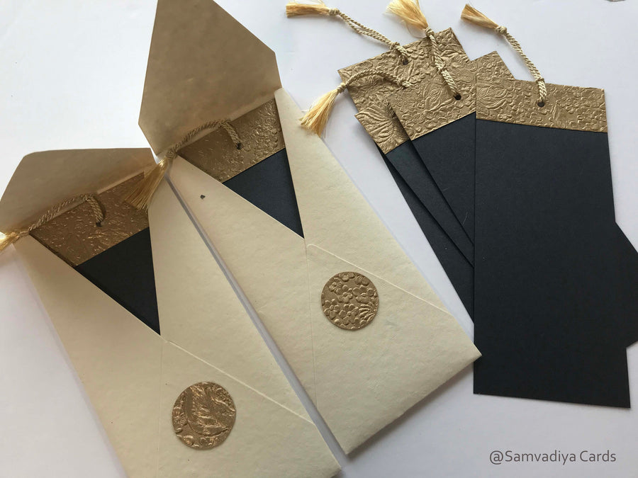 Unwritten 1 - handcrafted stationery set, #10 size envelopes made from natural paper with bookmark style notes with gold tassels - Set of 6