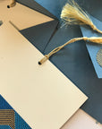 Unwritten 6- handcrafted stationery set, blue A7 natural envelopes, bookmark style notes with weave pattern band, gold tassels- Set of 6
