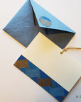 Unwritten 6- handcrafted stationery set, blue A7 natural envelopes, bookmark style notes with weave pattern band, gold tassels- Set of 6