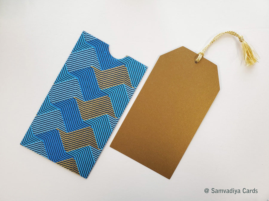 Large Money envelopes (Style 1), for larger bills with tag-style cards, blue gold weave design handmade paper- boxed gift set of 6