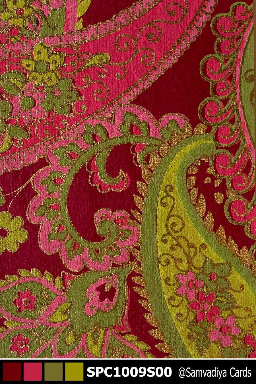 Red and Green Paisley Screen Printed Paper