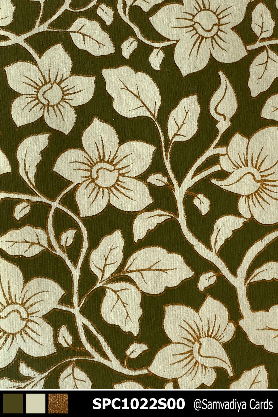 Deep Green and Off-white Floral Pattern Screen Printed Paper