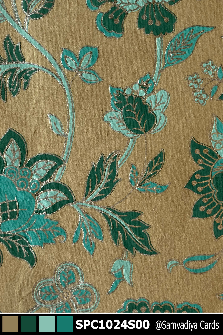Green and Beige Floral Pattern Screen Printed Paper