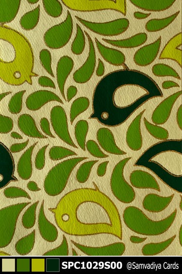 Green and Lime Leaves with Birds Pattern Screen Printed Paper