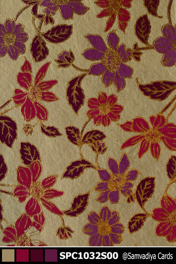 Purple, Pink and Gold Flowers on a Vine Pattern Screen Printed Paper