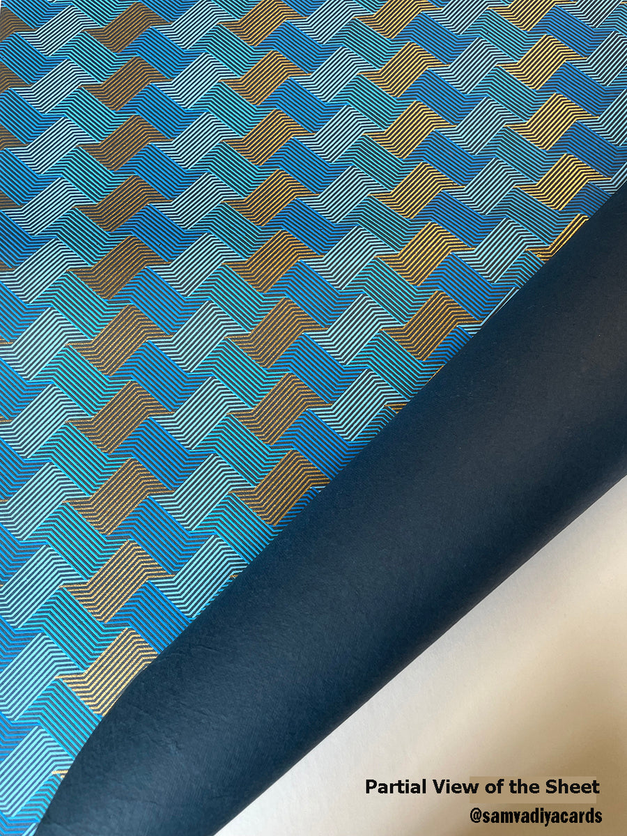 Blue Gold Weave Pattern Screen Printed Paper