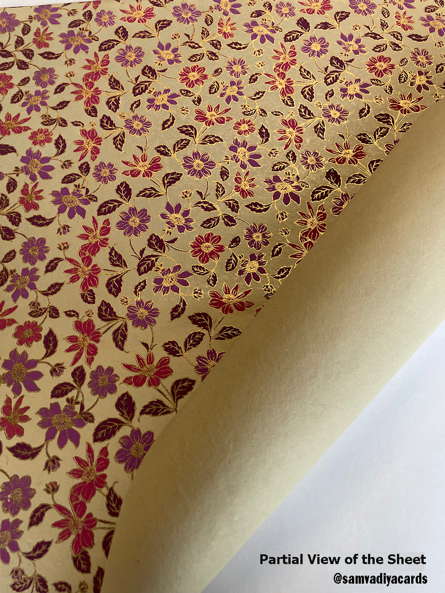 Purple, Pink and Gold Flowers on a Vine Pattern Screen Printed Paper