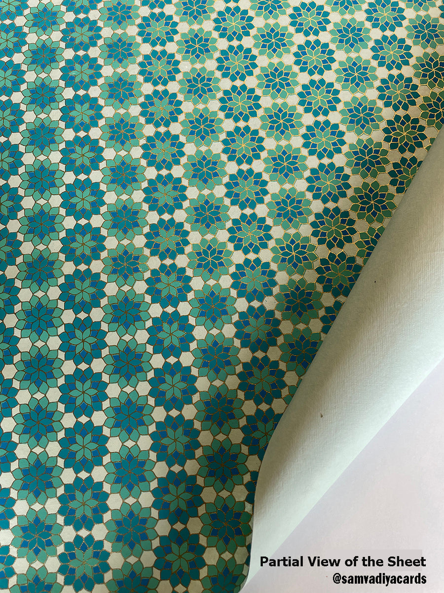 Green and Blue Floral Mosaic Pattern Screen Printed Paper