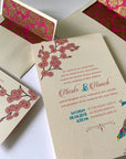 Wedding Invitation Peacock and Cherry Magnolia blossom Samvadiya Cards 1