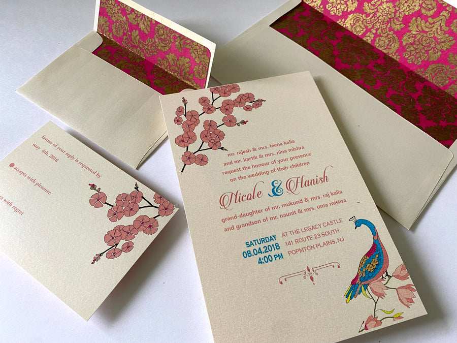Wedding Invitation Peacock and Cherry Magnolia blossom Samvadiya Cards 1