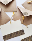 Unwritten 13- handcrafted stationery set, beige A7 natural envelopes, bookmark style notes with weave pattern band, gold tassels- Set of 6
