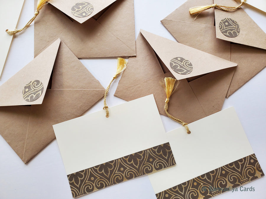 Unwritten 13- handcrafted stationery set, beige A7 natural envelopes, bookmark style notes with weave pattern band, gold tassels- Set of 6