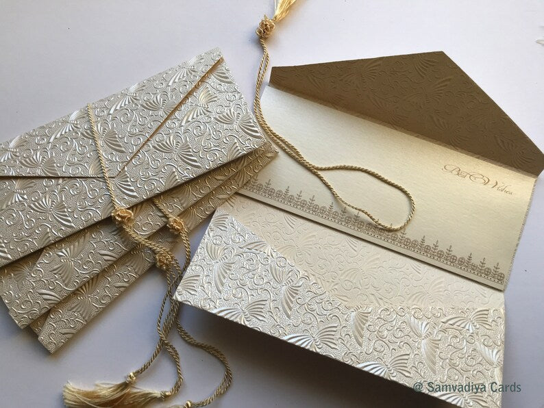 Wedding congratulations card with money folder, money envelope, gift card holder, purse, ivory butterfly pattern embossed - set of 4