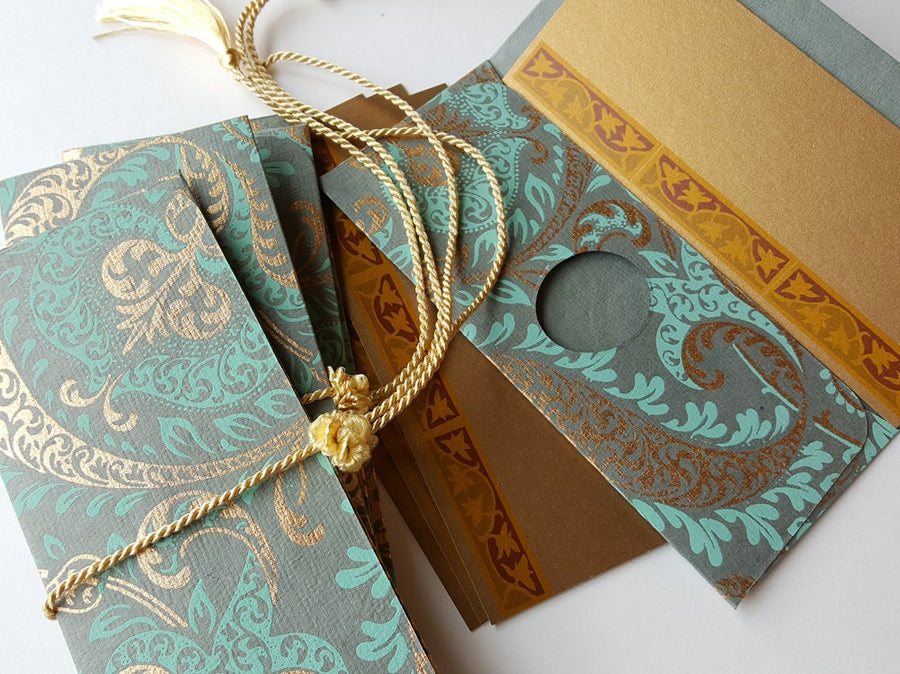 Money envelope dollar bill size, Monetary envelope, Gift Card Envelope, printed gold paisley on blue grey handmade paper Boxed Gift Set of 6