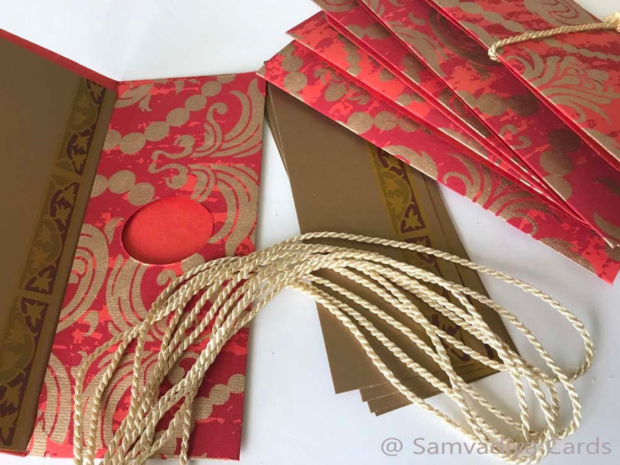 Money envelope dollar bill size, Monetary envelope, Currency, Gift Card Envelope, red gold large floral print on handmade paper, Set of 6
