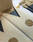 Unwritten 1 - handcrafted stationery set, #10 size envelopes made from natural paper with bookmark style notes with gold tassels - Set of 6