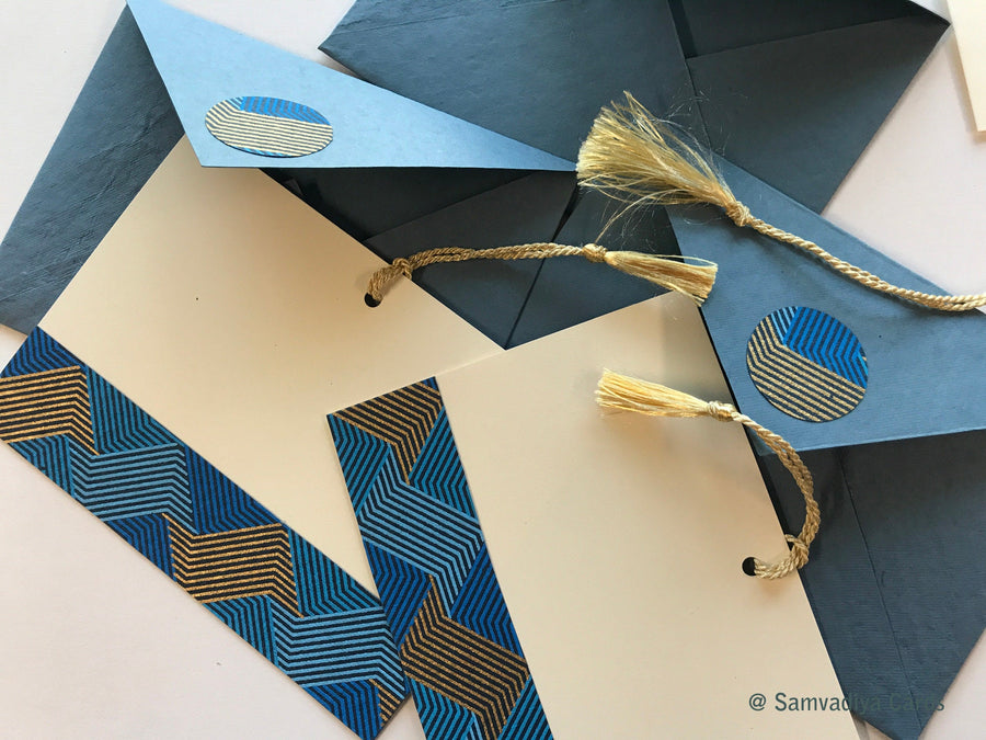 Unwritten 6- handcrafted stationery set, blue A7 natural envelopes, bookmark style notes with weave pattern band, gold tassels- Set of 6