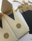 Unwritten 1 - handcrafted stationery set, #10 size envelopes made from natural paper with bookmark style notes with gold tassels - Set of 6