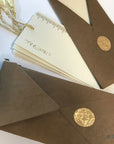 Unwritten 3 - handcrafted stationery set, #10 size dark brown cotton paper envelopes, bookmark style notes with gold tassels - Set of 6