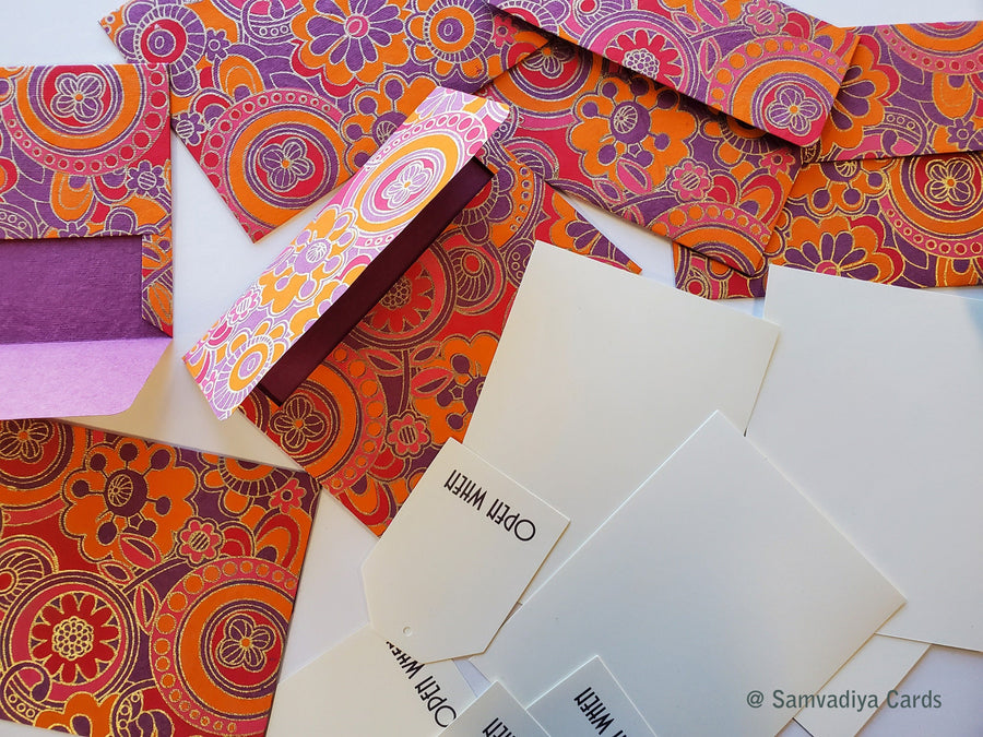 Storyteller 13 - handcrafted A6 size 'open when' letter set with envelopes, blank note cards, tags, envelopes, orange pink floral - Set of 6