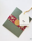 Unwritten 10 - All occasion handcrafted stationery set, green natural envelopes, bookmark style notes with cute tags, gold tassels- Set of 8