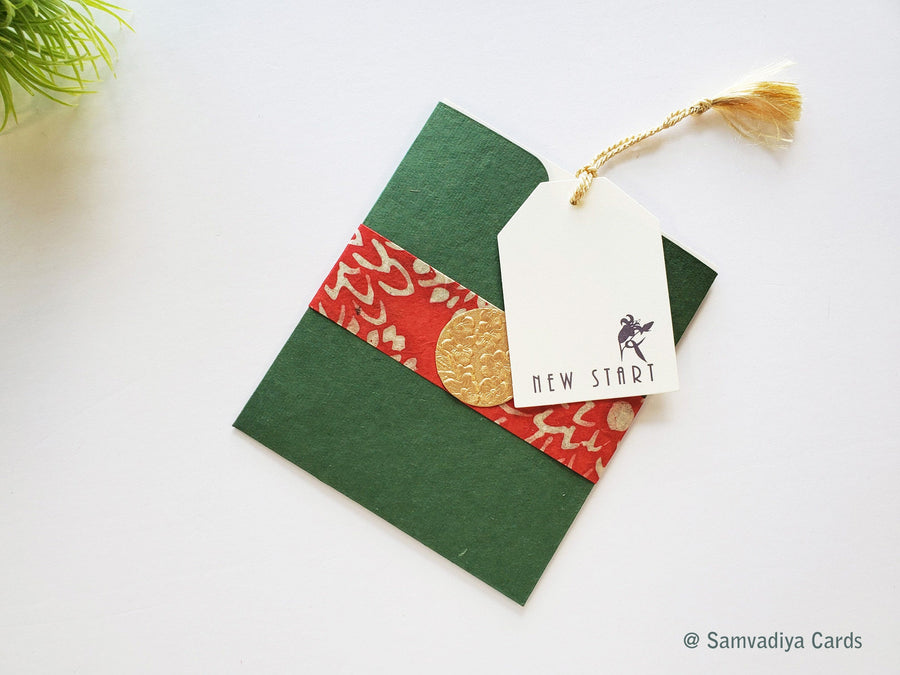Unwritten 8 - All occasion, handcrafted stationery set, green natural envelopes, bookmark style notes with cute tags, gold tassels- Set of 8