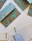 Storyteller 9 - handcrafted A6 size 'open when' letter set with envelopes, blank notes and envelopes, blue gold paisley print - Set of 6