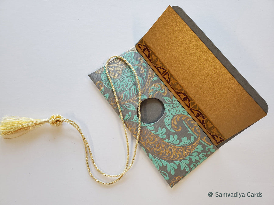 Money envelope dollar bill size, Monetary envelope, Gift Card Envelope, printed gold paisley on blue grey handmade paper Boxed Gift Set of 6