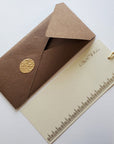 Unwritten 3 - handcrafted stationery set, #10 size dark brown cotton paper envelopes, bookmark style notes with gold tassels - Set of 6
