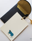 Unwritten 4 - handcrafted stationery set, black A7 gold liner envelopes, bookmark style notes, blue Nandi cow print, gold tassels - Set of 6