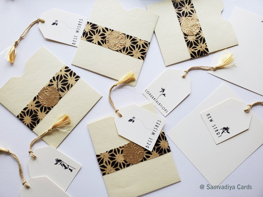 Unwritten 14 - All occasion cards, handcrafted stationery set, cream natural envelopes, notecards with cute tags, gold tassels- Set of 8