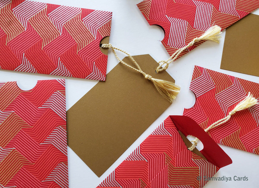 Large Money envelopes (Style 1), for larger bills with tag style notes, red gold weave design handmade paper - boxed gift set of 6