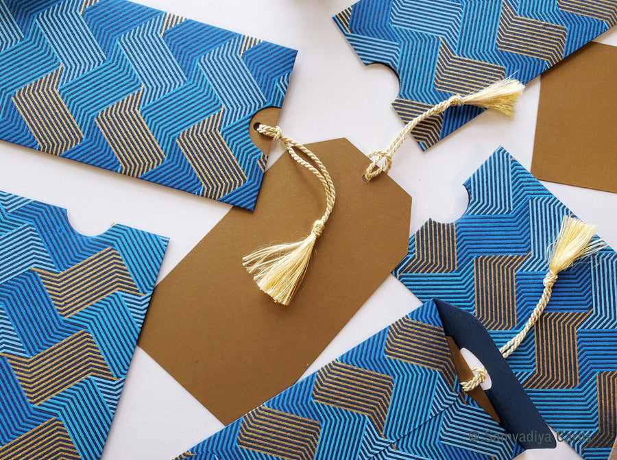 Large Money envelopes (Style 1), for larger bills with tag-style cards, blue gold weave design handmade paper- boxed gift set of 6