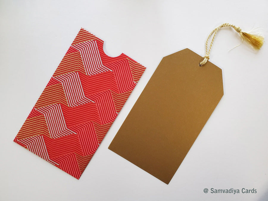Large Money envelopes (Style 1), for larger bills with tag style notes, red gold weave design handmade paper - boxed gift set of 6