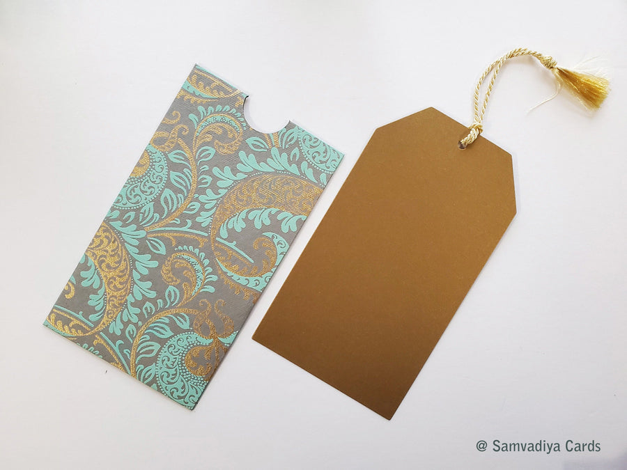 Large Money envelopes (Style 1), with Tag style card for larger bills, with blue gold paisley design handmade paper, boxed gift set of 6