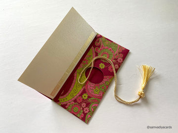 Money envelope larger size, Monetary envelope, Gift Card, Gift Envelope, Paisley Fuchsia, green on handmade paper, Boxed Gift Set