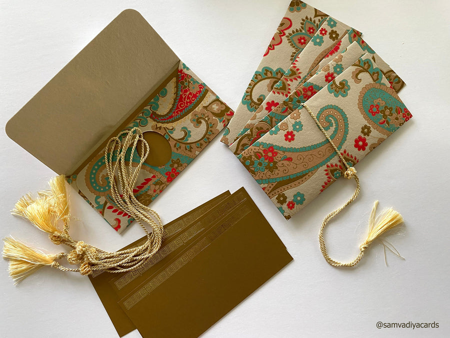 Money envelope larger size, Monetary envelope, Gift Card, Gift Envelope, Paisley beige, green, orange on handmade paper, Boxed Gift Set
